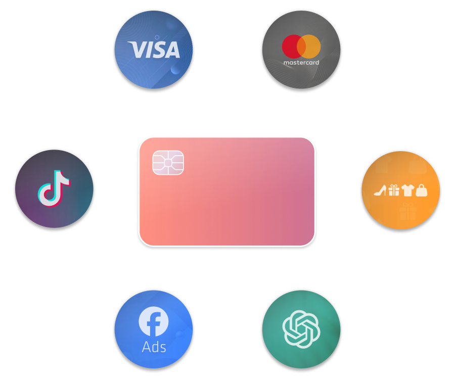 Visa and Mastercard logos surrounded by icons for TikTok, Facebook Ads, and other payment and service platforms, with a customized Visa card in the center